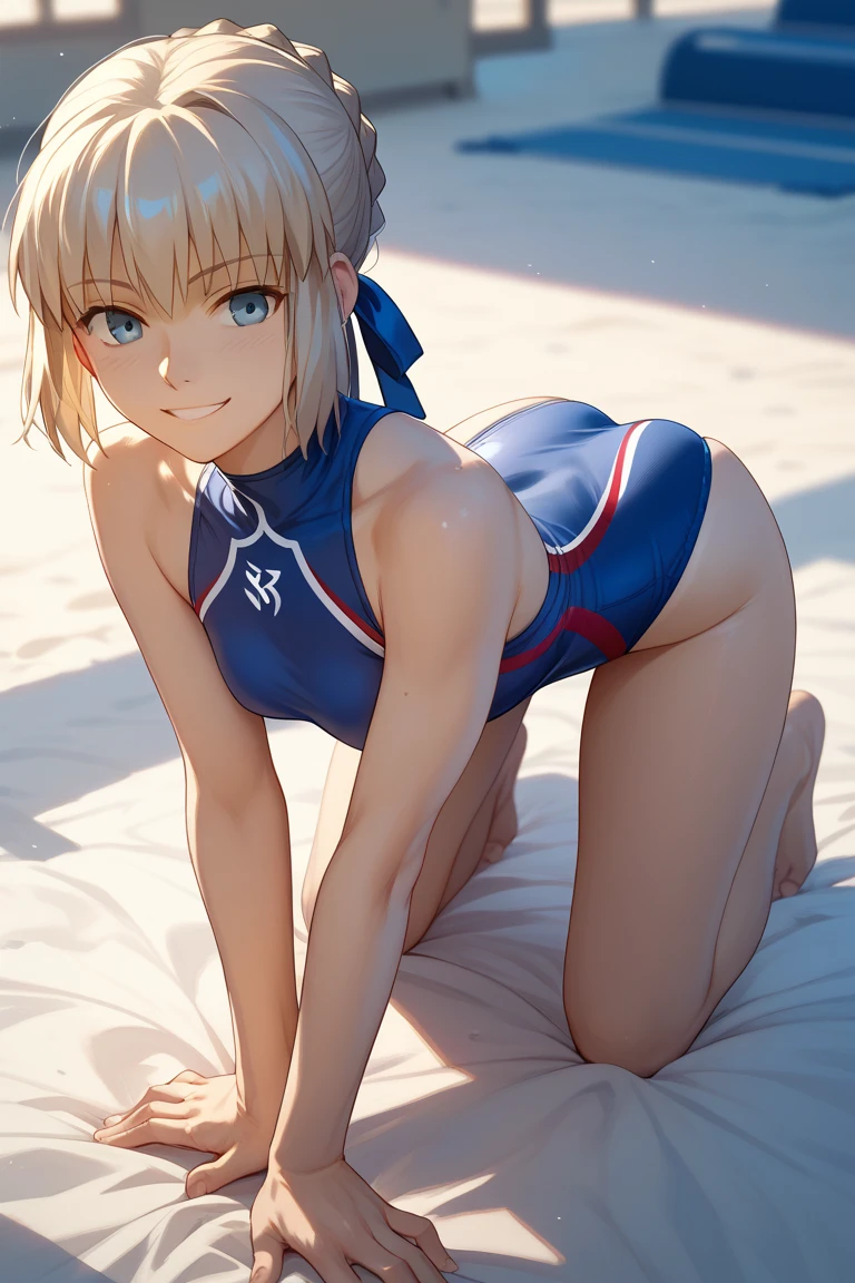 "Let's exercise!": Artoria Pendragon Saber of Fate/Stay Night is dressed as a 1980s aerobics instructor (wearing bright white leotard with open center) with (bare arms), (blue leg warmers), and a (red sweatband) as she does aerobics exercise (aerobicise)