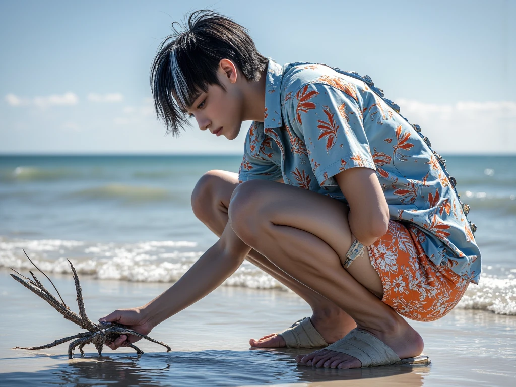 boy catching fish at sunset, beautiful scene, realistic high definition image