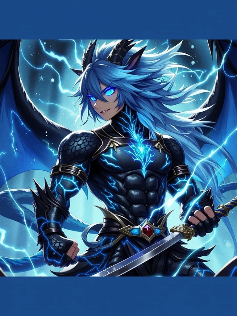 age boy, spiky hair, long hair, bright blue hair, shining blue eyes, serious face, Simple smile, dark blue skin, muscular chest, pair of blue horns, Dragon Wings, tattoos on the body, electric aura