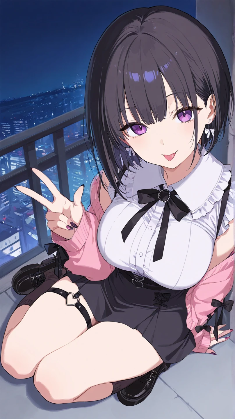 Top Quality, 8K, 4K, High Definition, Detail, (better-quality, 8K, 12), top-quality, 1 girl、purple short bob hair clip tied into a bun、black eyeedium breasts、uniform、gray jacket with pink line, fingerless gloves、thighs、Ilcha fousing on her, surprise face, having her hands her face, making cute surprise expressing. picture pose, she is standing up, (NSFW)