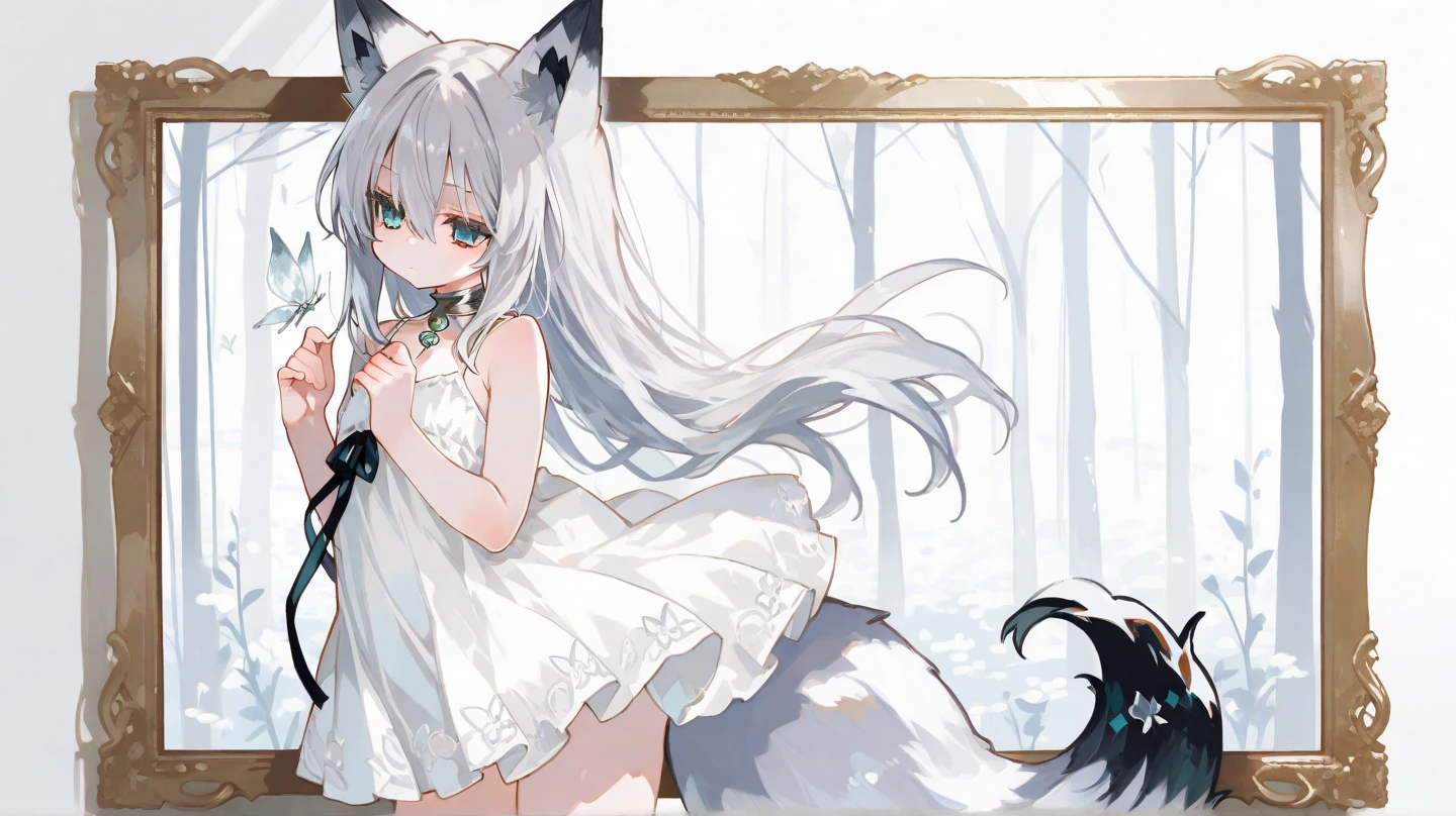 A girl with impressive white hair、Fox ears and tail、Hair Ornament、Black pantyhose、No sleeve、smile、cute shoes with accessories