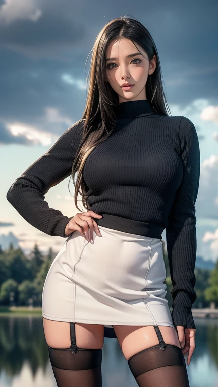 
a front view portrait. A beautiful white model woman with black hair and blue eyes. Masterpiece, ultra realistic. In street with sexy clothes, but no naked
