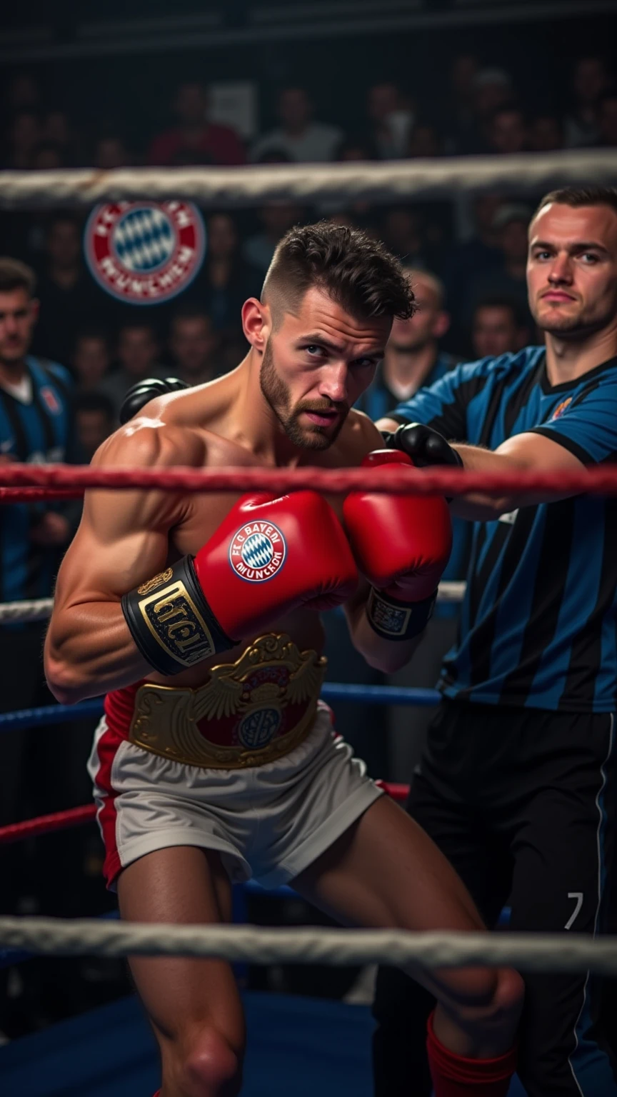Best quality, rich details, two middle-aged male boxers standing in the boxing ring looking at each other, wearing boxing shorts, wearing boxing gloves, sweat, roaring, fierce,