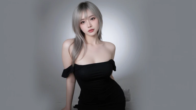 best quality, ultra high res, (photorealistic:1.4), 1girl, sleeveless black dress, studio, bare shoulders, cute, (platinum blonde hair:1), ((puffy eyes)), looking at viewer, facing front,black thighhighs,(upper body),