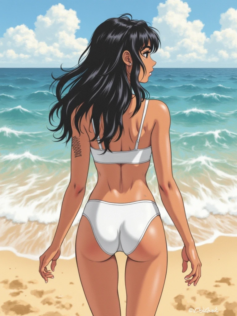 anime, Conceptual art, cinematic lighting, Canon, Nikon, 8k, super detail, 4K, best quality, award winning, anatomically correct, (detailed beautiful eyes and detailed face, masterpiece side light, masterpiece, best quality, detailed, high resolution illustration), ((hyper detailed anatomical eyes)) ((maki zenin)) huge   in tiny bikini, standing on beach, blushing puff out cheeks