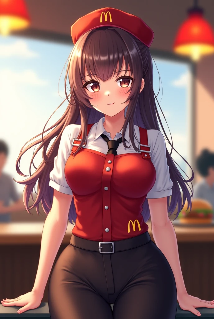 ((1girl)),((alone)),sasaki chiho, (Hatarsku maou sama),(masterpiece), (best quality), (ultra detailed), (best illustration), (best shadow), (absurdities), sharp focus, cowboy shot, atmospheric perspective, depth of field, dynamic posture looking at viewer, big breasts, narrow waist, wide hips, wide thighs, round butt, erotic, romantic, (very detailed eyes, 1.1 lips), very detailed, eyes, Very detailed face, Very beautiful face, Symmetrical face, Aesthetic face, perfect face, perfect eyes, detailed eyelashes: 1.5), full height, beautiful slim figure, femininity, expressive appearance, elastic big breasts, sexuality, half-open lips , Orange hair, short hair, orange eyes, short pigtails, cap with visor, yellow bow tie, red shirt, tight shirt, neckline, short sleeves, McDonald's employee uniform, black miniskirt, tight skirt, hand on hip, curves, body defined,Perfect and beautiful body, perfect and beautiful, closed mouth, flirtatious expression, smile, blushing, (sexy pose: 1.2), ((solo)), standing: 1.3,((interior, McDonald's restaurant, tables, chairs, hamburgers , window,cityscape,)),looking forward,((focus on hips)), point of view:(from middle), perfect anatomy, perfect hands