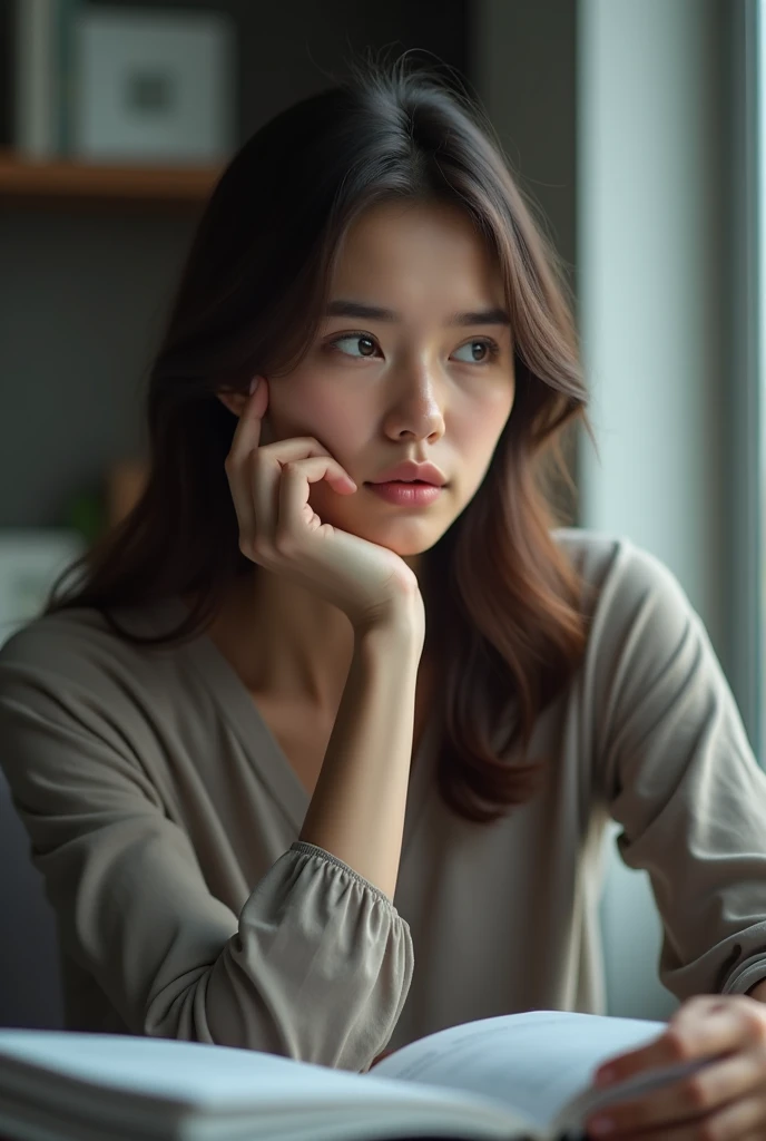 there is a woman sitting at a table with a book and cell phone, shot with sony alpha 1 camera, 50mm portrait, cinematic portrait, shot with canon eoa 6 d mark ii, 60mm portrait, sitting at table, thoughtful pose, shot on canon eos r 5, shot on canon eos r5, sitting at a table
