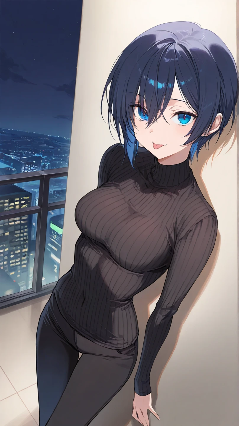 Blue hair Ramona Flowers blue eyes in black long sleeve turtle neck and jeans holding her purse walking at night