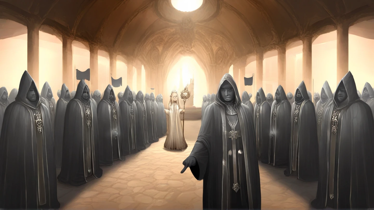 Panoramic Kingdom Square, crowds gather, and priest Anderson presides over the ceremony, demanding the burning of the witch statue. The screen presents a magnificent medieval style square surrounded by ancient stone buildings, with numerous people dressed in traditional costumes gathered in the center, their expressions tense and devout. A high platform was built in the center of the square, and the priest Anderson stood in the center of the platform wearing a magnificent robe and a crown symbolizing power. He had a serious expression, holding a scepter and pointing towards the witch statue beside him. The statue was surrounded by firewood, indicating that it was about to be burned. In the background, one can see the distant palace with flags fluttering in the wind.