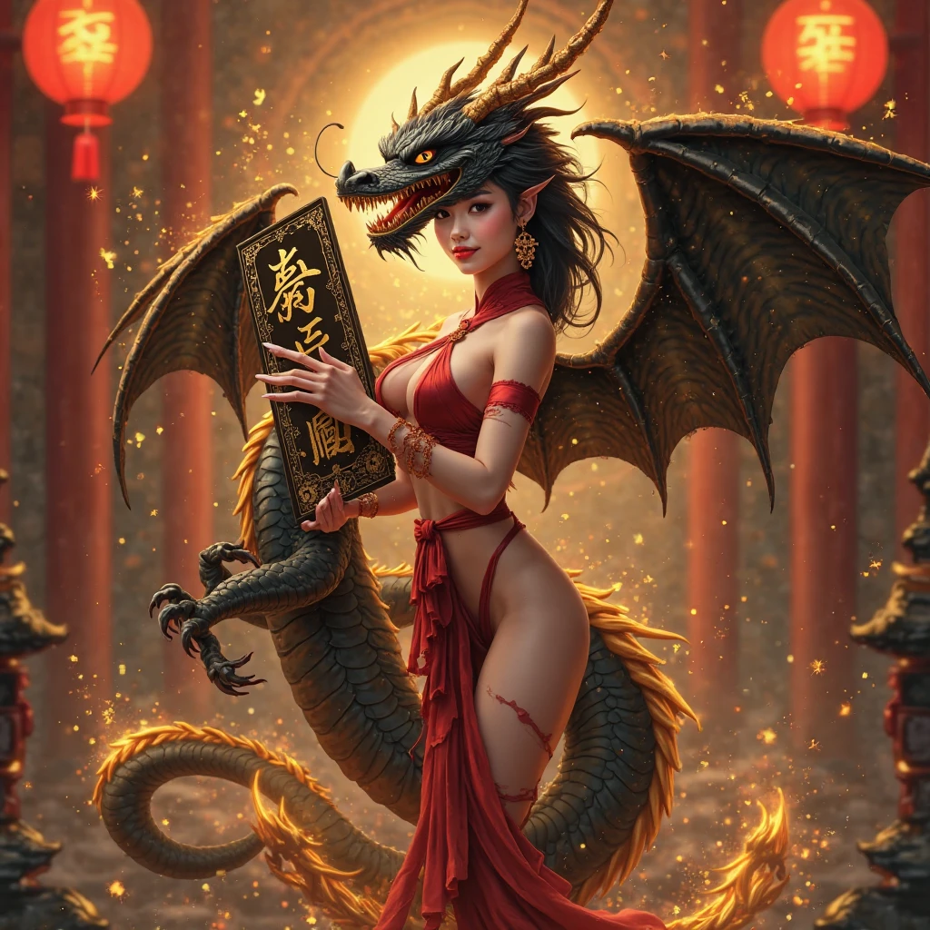 red (antopomorf dragongirl), scale, (clear eyes), long dress, flat breasts, evil smile, open mouth teeth, hug