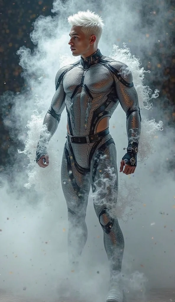 Full body photorealistic handsome hunky masculine Legion white messy haired fractal white skinned Jack Frost,,unreal engine, extremely attractive male wearing white scales transparent mesh latex spandex,, with belt and gloves,, extremely masculine physique, intricately detailed, super bulge, realistic skin, short tousled hair, futuristic snowy city as background