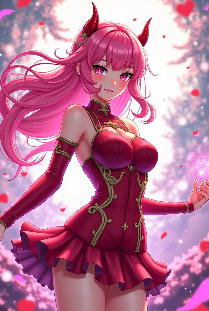 Magenta hair, hazel eyes, older woman, hair jewel ornament, cat ears, long hair, smiling face, bright colors, fantasy clothes, pretty color clothes
