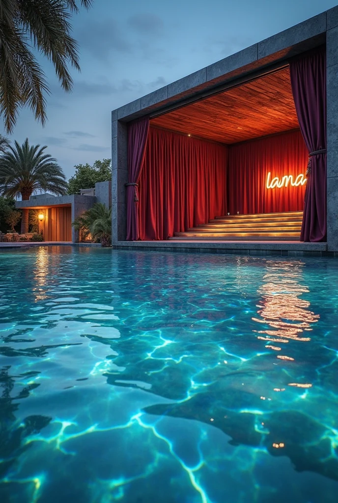 Imagine a stunning sea art installation that captures the essence of a film noir backstage scene. The setting is a luxurious pool area on a backend of a grand cruise ship. The pool is filled with shimmering gold coins, creating a surreal and opulent atmosphere. In the center of the pool, a DJ stage is set up, featuring the enchanting Emily Ratajkowski. Dressed in a seductive lingerie outfit, Emily is spinning a hypnotic 128 bpm electronic music, drawing the crowd in with her irresistible charm. The backstage area is dimly lit, with a vintage cinema feel, complete with red velvet curtains and old-school film reels. As the night progresses, the energy builds up, and the crowd becomes more and more captivated by Emily's performance. The sea art installation comes alive, with the waves crashing against the ship and the wind blowing through the curtains, creating a dramatic and unforgettable scene.