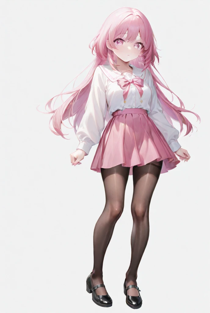 masterpiece, best quality, high resolution, aabeta, double, white simple background, standing, slim waist, cute, sailor uniform, pink bow tie, pink skirt, long socks, (PastelColors: 1.3), full body