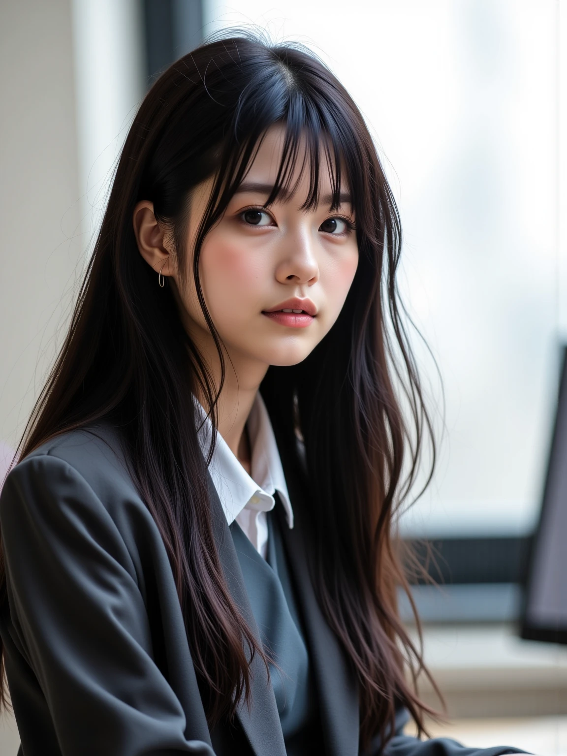 Girl from My Hero Academia. He has dark skin and a mole above his right eyebrow., Has long hair, curly and red, He has brown eyes and a serious expression, It has the UA uniform and in the background it has a UA class. 