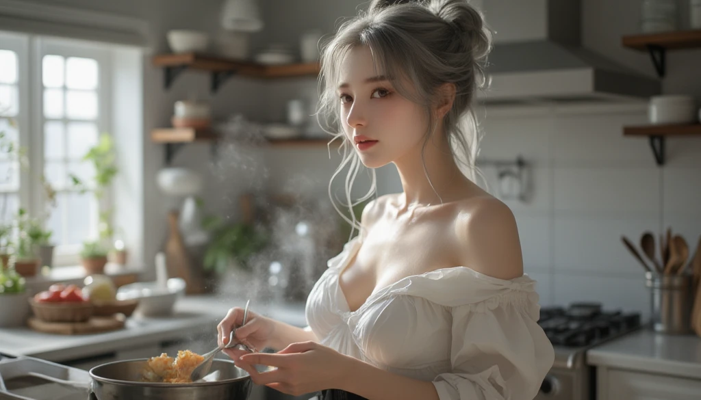 high quality, highly detailed composition, the enchanting woman, with her flowing white hair and silky skin emitting a celestial glow, sits gracefully in a café, becoming a beacon of enchantment, Delicate brushstrokes accentuate the intricate details, bringing out the mesmerizing beauty that defines her presence, The luminescent silver hair cascades gracefully as she enjoys a quiet moment with a cup of tea, adding to the overall aura of magic and wonder that envelops her, A subtle play of light and shadow suggests the serene atmosphere of the café, setting the stage for a narrative where enchantment meets the ordinary, inviting viewers to delve into a realm of serene magic, by yukisakura, awesome full color,