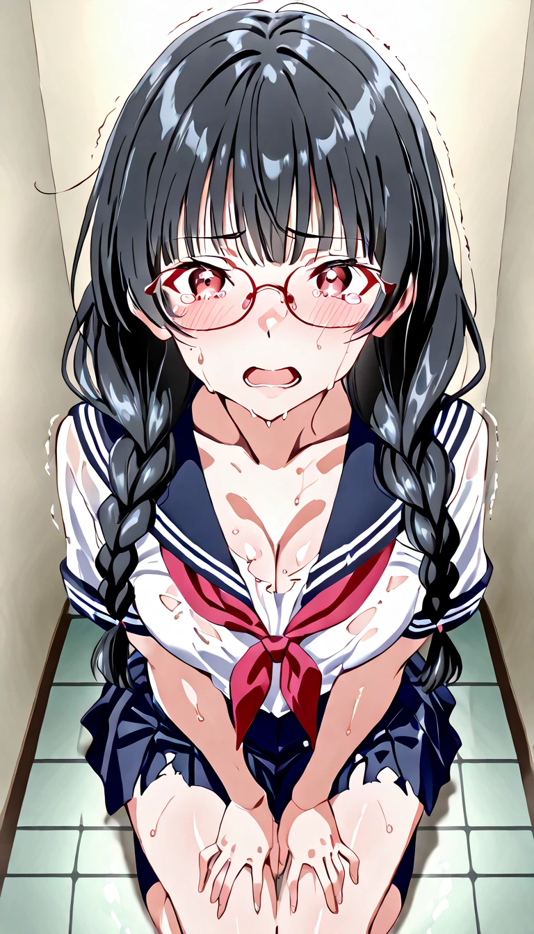 score_9,score_8_up,score_7_up,high resolution, 1 erotic college agel,Black hair,glasses,straight hair,forehead,winter School uniform+cleavage,large breasts,erection of nipple,saliva,collar (multiple penis+ejaculation:1.5),(open mouth+out tongue:1.2)(excessive bukkake+excessive cum+cum in mouth+cum in hair+cum facial+cum on body:1.2),(ahegao+double peace:2),from above,looking at viewer,privateroom