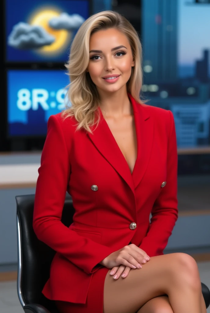 
A beutiful blonde Australian news anchor with red lipstick , wearing a red dress in a news room presenting the news, low quality, realistic 