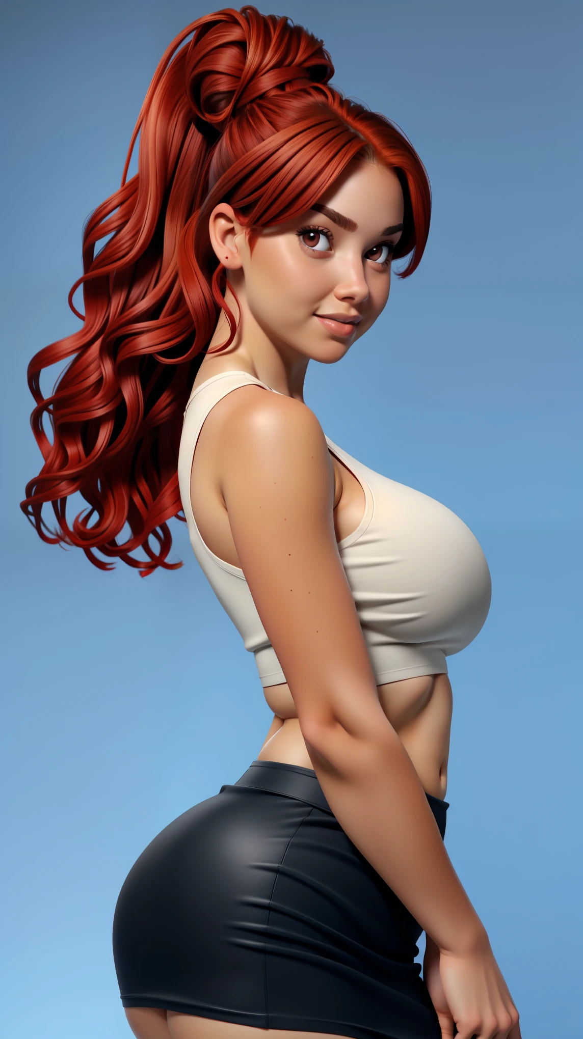 red hair, ponytail, wavy hair, big breasts, thick body, brown eyes, solo, upper body, looking at viewer, white croptop tanktop, sexy underboob, tight black mini skirt, blue background, simple background,