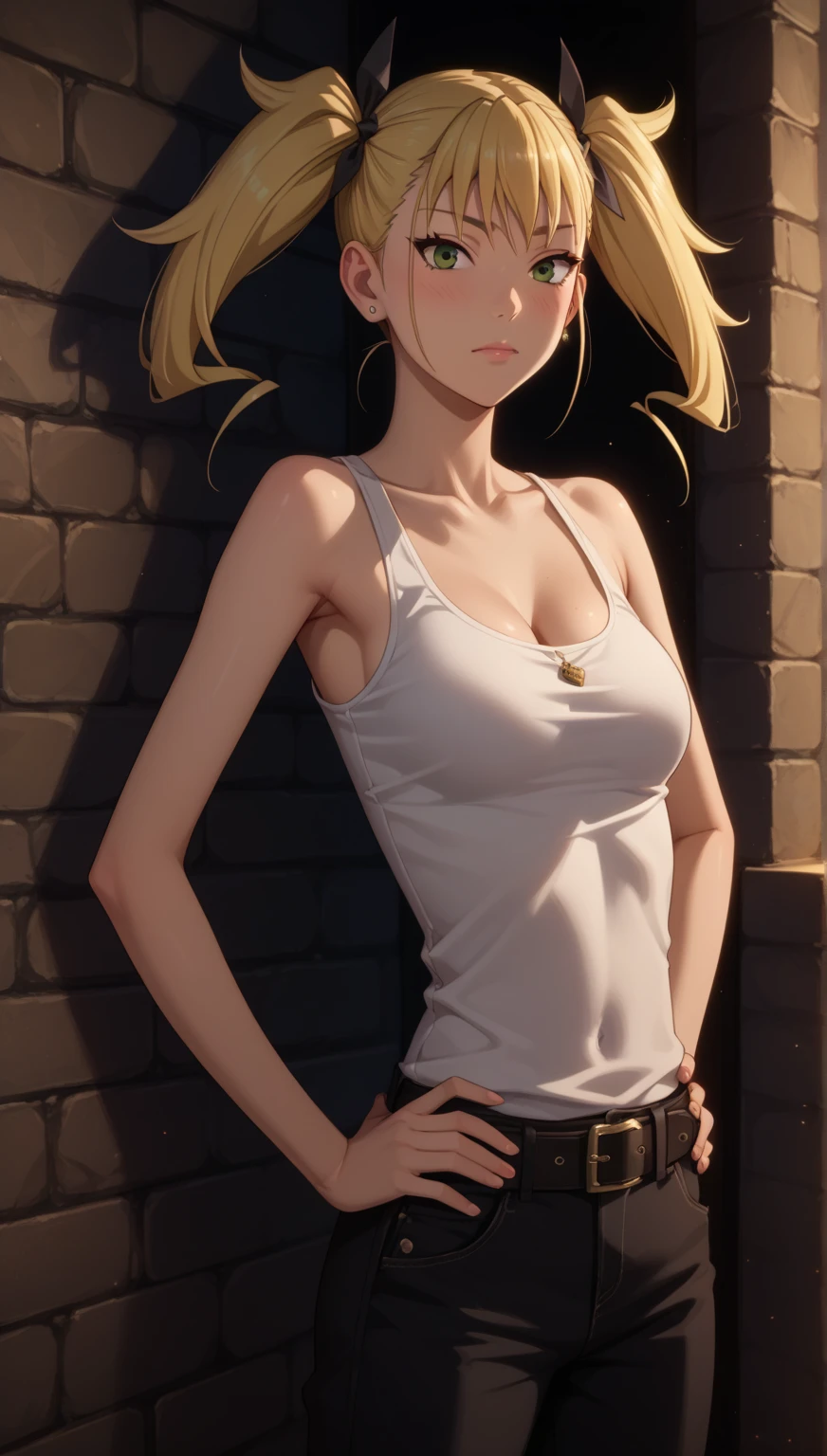 Sleeveless,arms up behind,simple background,cutout between underboob and nipples,show off nipples,masterpiece, best quality, highres, 1girl, hmriza, long hair, brown eyes, large breasts, black shirt, tight shirt, holster, short sleeves, belt, covered navel, blue pants, smile,cowboy shot