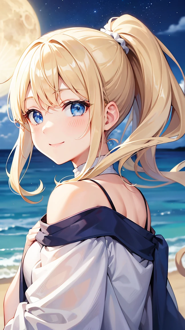 in 8K、top-quality、​masterpiece、ultra-detailliert、Ultra-high resolution、Anime style、((1 persons))、girl with、a blond、Braided hair、White sandy beach、Wet white t-shirt、bare shoulders​、((wetting hair))、wetted skin、((water dripping))、pov from down、A smile、lensflare