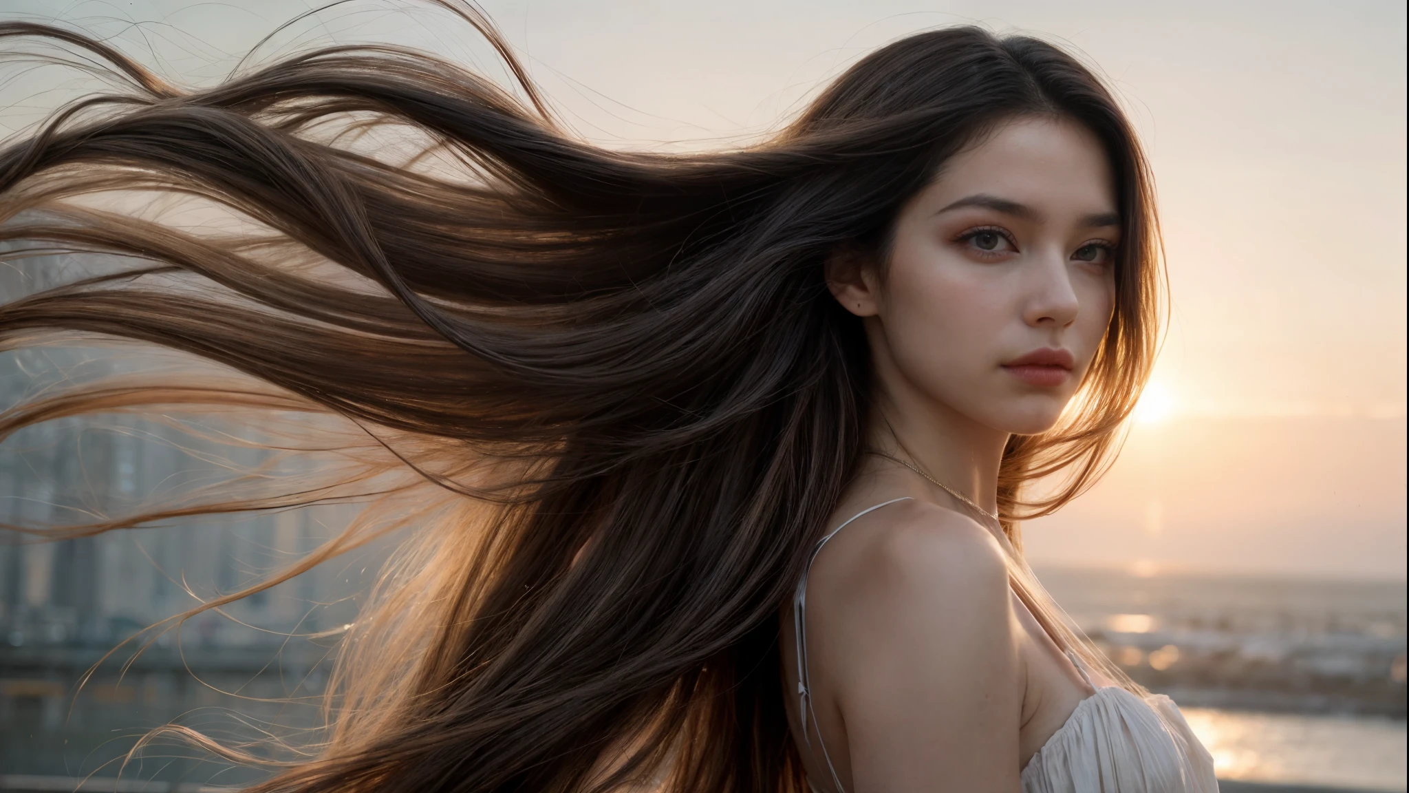 imagine a radiant woman graced with luxuriously long hair, elegantly dressed in a cocktail dress. Her locks aren't just long, but exceptionally long, each filament animated by an unrelenting breeze. As the wind intertwines in your hair, creates a dynamic display of wires in the air, each highlighted against the background by specialized backlighting. The scene captures the soul of model photography, where the extraordinary length of her hair comes and goes as a natural element. Esta imagem, deeply rooted in the finesse of editorial photography, shows your hair not just being disheveled by the wind, but looking almost weightless, as if each strand were momentarily suspended in the air, a testament to the invisible force surrounding her
