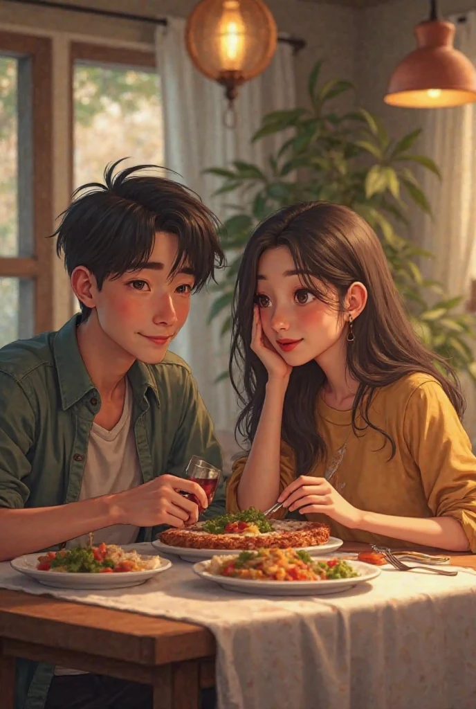 (Jovem casal,romantic atmosphere,amorrs,Holding hands,emotion,amor), (feliz, sorridente, ajustando olho no olho), (italiano:1.1,pizza,traditional italiano food,deliciosos sabores), (Lente de 50 mm,detalhe,fechar-se,foco claro,profundidade de campo), (luzes bokeh,sonhadores,macio,fundo desfocado), (melhor qualidade,ultra-detalheed,high resolution:1.2), (cores vivas,tons quentes:1.1), (macio lighting,romantic atmosphere),