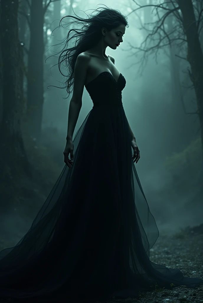 light tulle fabric, magical, pointy ears, innocent looking face, innocent look, Extremely passionate and seductive elf. r, Long, loose dress that flies like a black evening veil, walking in a forest on a dark and gloomy night with fog in the background. full body photography, thick legs, beautiful long silver hair , light eyes,)))(((A perfect and definitive idol that captivates everyone., Super detailed and flawless glowing eyes., dark and mysterious place, Dramatic and sinister nighttime ambient lighting that gives off a horror-thriller feel., Greedy look inviting a man.、intricate hair、9Perfect head and body figure.、Perfect body line、 fine figure、emphasize the neckline、Shoot RAW、photorealistic cinematic rendering、Hyperrealistic representation、portrait photo、night rendering、Coherent general photographs.、realistic skin textures、high quality、high detailed、mais high quality、high resolution、HDR 8K、ray tracing、Canon.