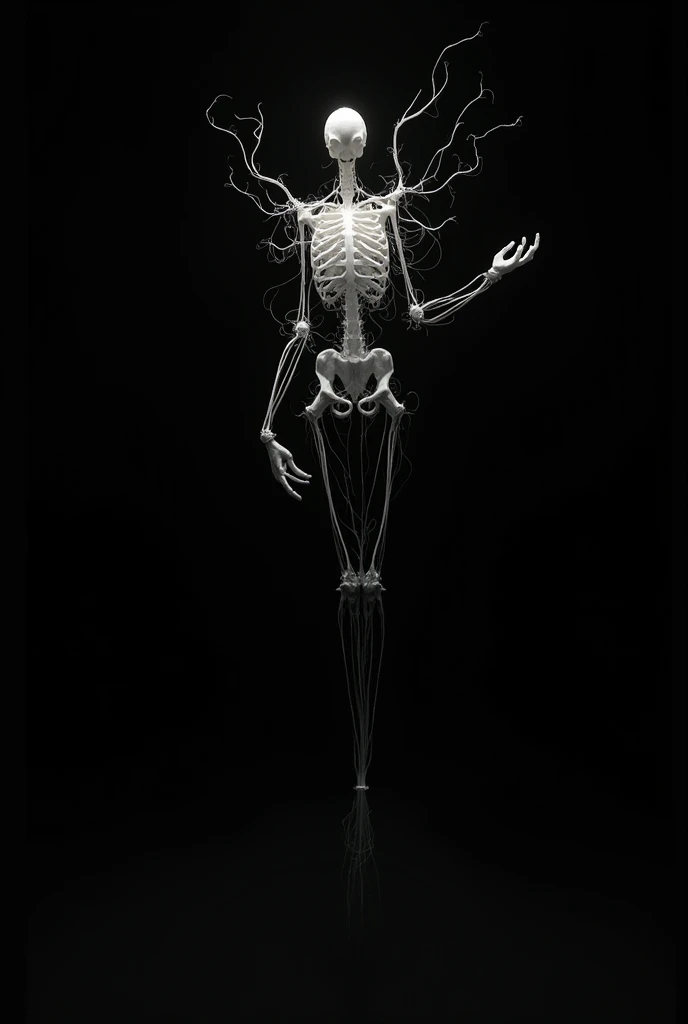 Nude plaster cast (full body: 1.4) A bullet penetrated the head and exploded on the lower left, and a bullet penetrated the waist and exploded on the upper right. Exploded pieces of plaster fly into the air, exaggerated action, exaggerated expression, grayscale illustration, line background