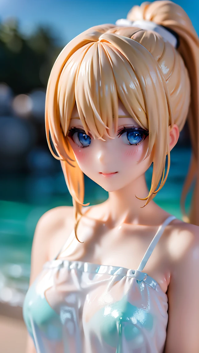 girl, pastel color, blonde hair, purple flower hair ornament, blue swimsuit, white skin, blue ocean, blue sky, white ward, palm tree, leaf, pink flower,