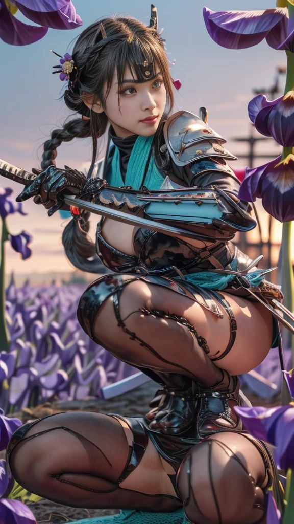 blue samurai girl, very short brunette hair, with sexy blue samurai armor on his back, showing your back, katana sword