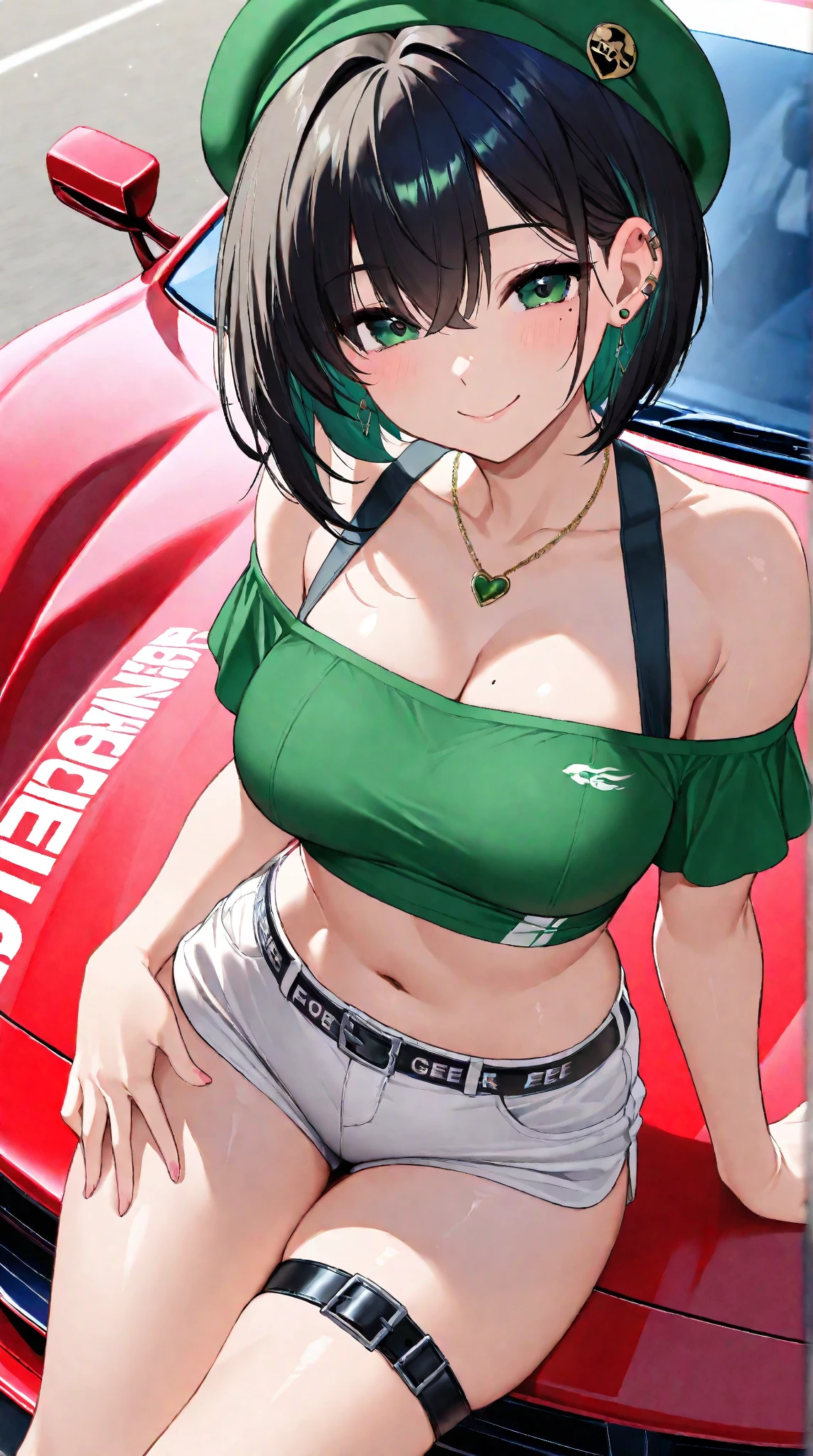 [AiPonyAnime:100], 
pov, (face focus:1.0), close-up, 1woman, 
medium breasts, (black hair, short hair, wavy hair), green eyes, 
mechanic, hairclip, circle glasses,
smile, blush, heavy breathing, grin, 
parking lot, 
