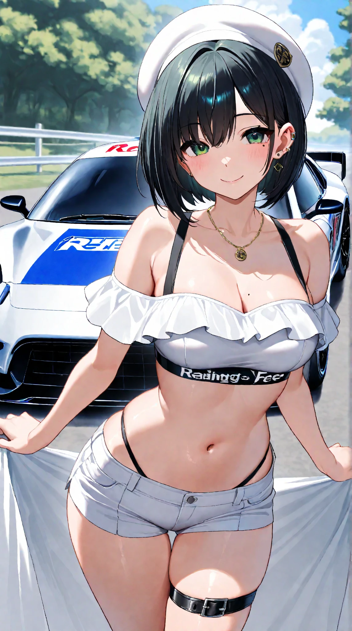 ((Highest quality)), ((masterpiece)), (detailed), One person,Age 25,Race Queen,model,(Sit on the hood of a car),(White mini skirt),(Blue tops),(Open the buttons on your shirt),Navel exposed,Big Breasts,blush,Underbust,(Her cleavage is visible),(Excited expression),(Seductive expression),Several men with cameras,(modelの女の子を囲みます),Browsing Caution,sexy,(Bring your hands together)Sweat,(Black garter belt),(Move your tongue up and down),