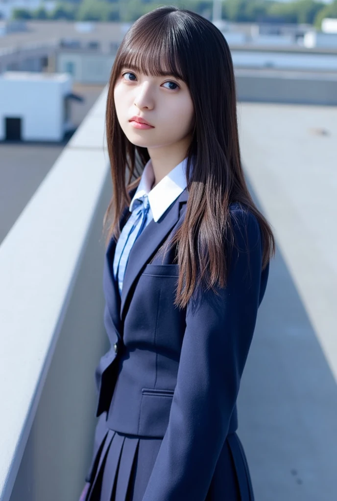 A woman taking a photo, Japanese Model Model, 18 year old female model, 4K、Bans、Black-haired、Beaver、Middle Hair、Straight hair、(A dark blue blazer and a red tie, navy check pleated skirt:1.2), (Super cute idol-like face:1.2)、School classroom、Slim and beautiful figure、Beautiful breasts、Whole Body Ezbian、School classroom美しい脚、Sexy pose、White socks、White sneakers、