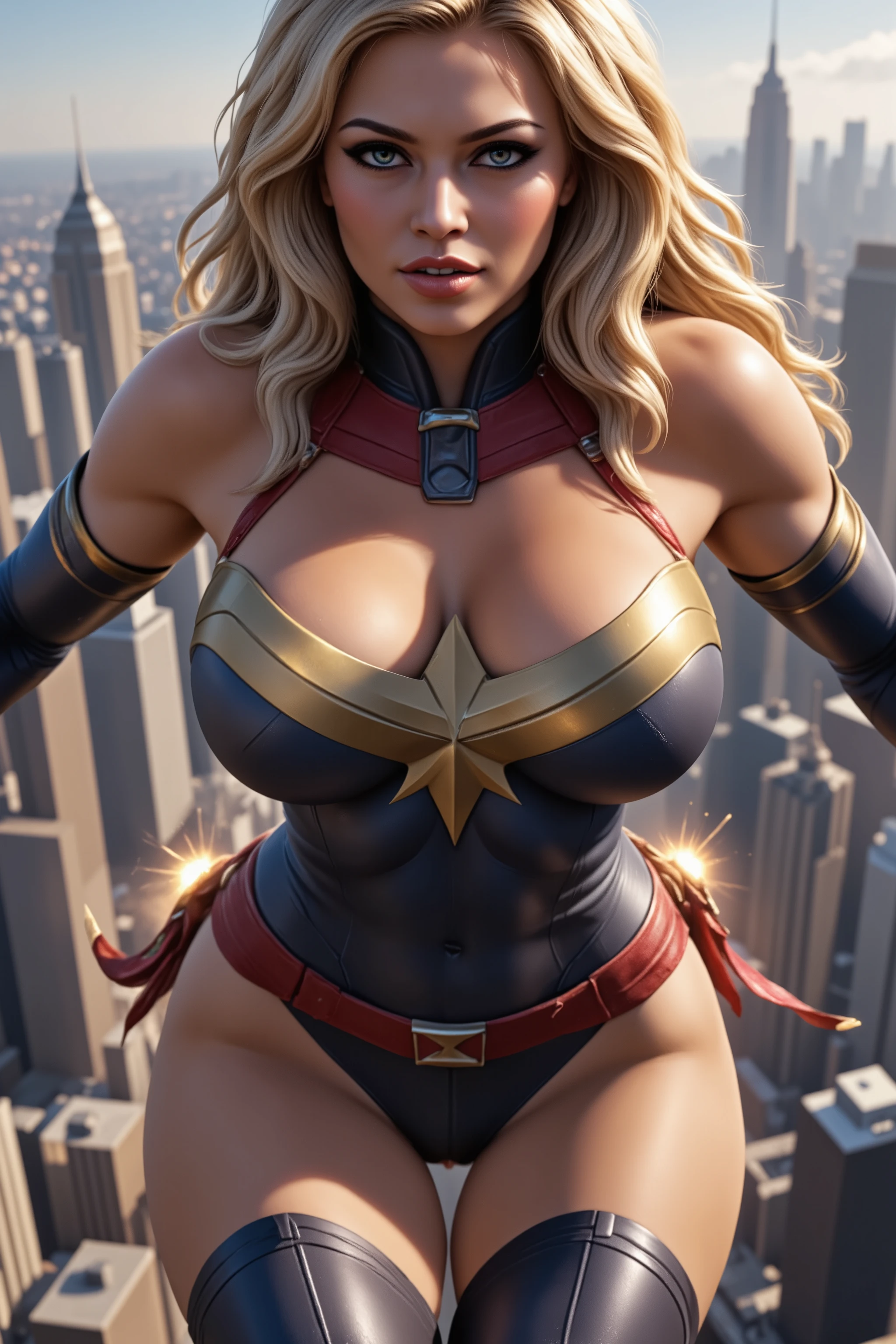 ray tracing, UHD, 16k, masterpiece, cinematic, photorealistic, award winning, marvel comics character, ms marvel, voluptuous, athletic, beautiful long hair, tight clothes, skin indentation, confident expression, heroic pose, flying in the air, energy effects, city skyline background, glowing energy powers, cinematic lighting, dramatic shadows, comic book art style, digital painting