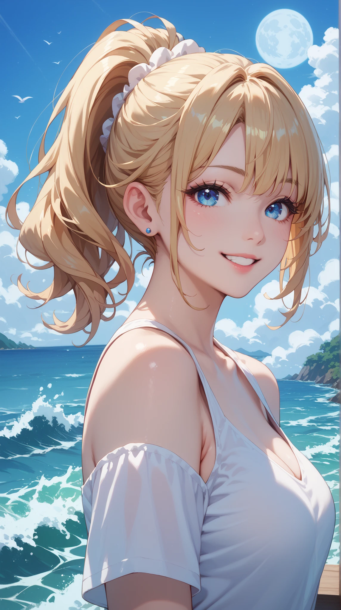  1 female, Long pink and blonde hair, blue eyes, (Beautiful Face), Long sideburns, plant, smile, Ocean, water, Beach ball:1.2, Palm tree, sunny, Ocean風が吹く, Delicate and beautiful CG art, (Dynamic Angle, Dynamic Lighting), (Highest quality:1.2, 4K, 8k, Very detailed, Attention to detail, masterpiece:1.2, Highest quality, Best aesthetics),naked