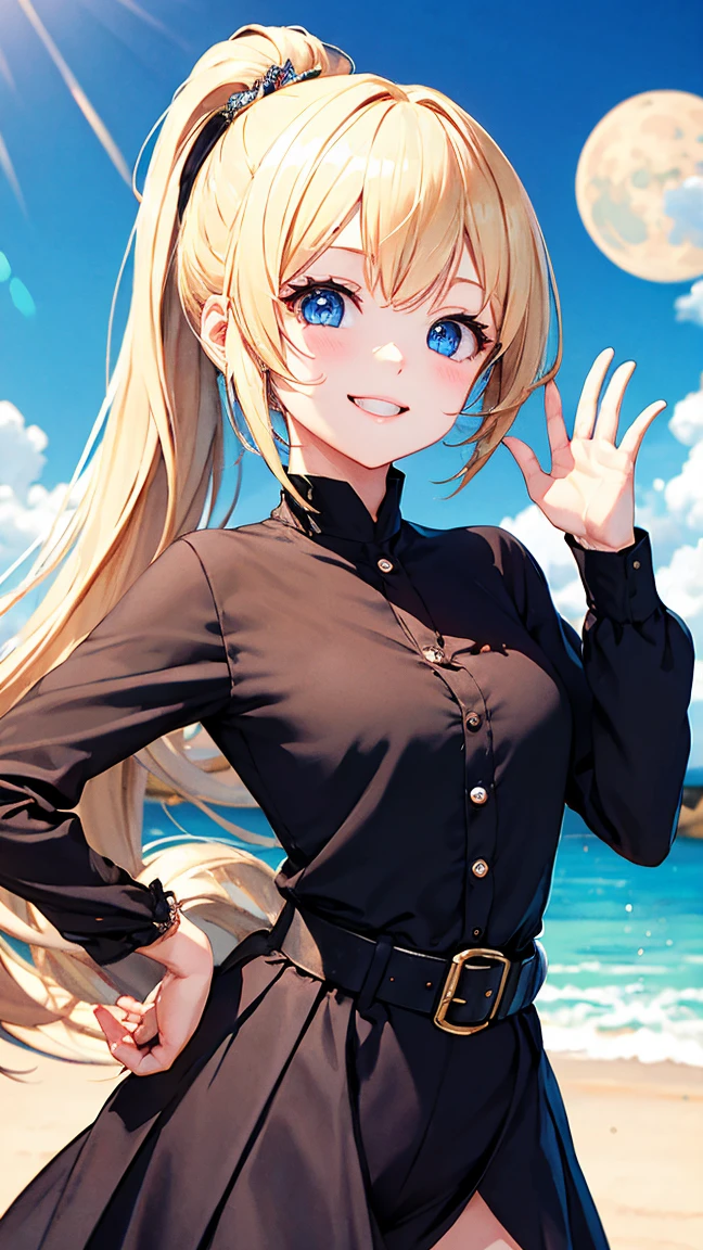 (Masterpiece, Top quality: 1.5), (1 girl, solo), large breasts, standard weight, (blond hair:1.3), (airy hair, wavy hair), long hair ,asymmetry bangs, swept bangs, 15 year old, happy:1.1, (flustered:1.2), casual fashion with many gorgeous and colorful decorations, Various Situations:1.2, (dynamic angle:1.3), (dynamic pose:1.3), magnificent panorama view, open mouth, summer:1.2, __items__ __items__ __items__,
