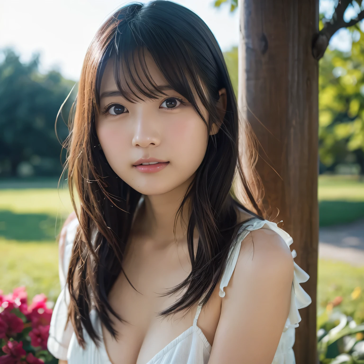 (highest quality、table top、8k、best image quality、Award-winning work)、One cute high school girl、alone、perfect beautiful composition、(White uniform shirt with wide open chest:1.1)、(Unbutton your white shirt、fully exposes small naked breasts:1.5)、slender body、(A shy smile looks at me:1.1)、(strongly blurred park background:1.1)、natural makeup、Ultra high definition beauty face、ultra high definition hair、Super high-definition sparkling eyes、(Pure white skin shining in ultra-high resolution:1.1)、Super high resolution glossy lips、accurate anatomy、ultra high definition hair、(very bright:1.1)、close up of face
