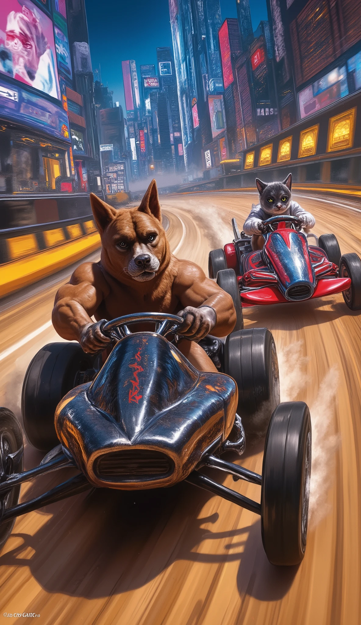 masterpiece, Best Quality, details, 猫犬バトル, Kazuo Umezu's master piece, a dog and a cat are racing go-karts