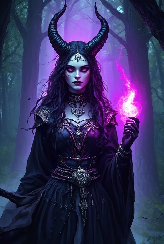 monster girl, very beautiful, wizard, black robe, red trim, long hair, horns, scales, blue and purple gradient skin, magic on finger, in the forest, fantasy, solo focus,epic, concept art, realistic, highly detailed, upper body, looking at viewer