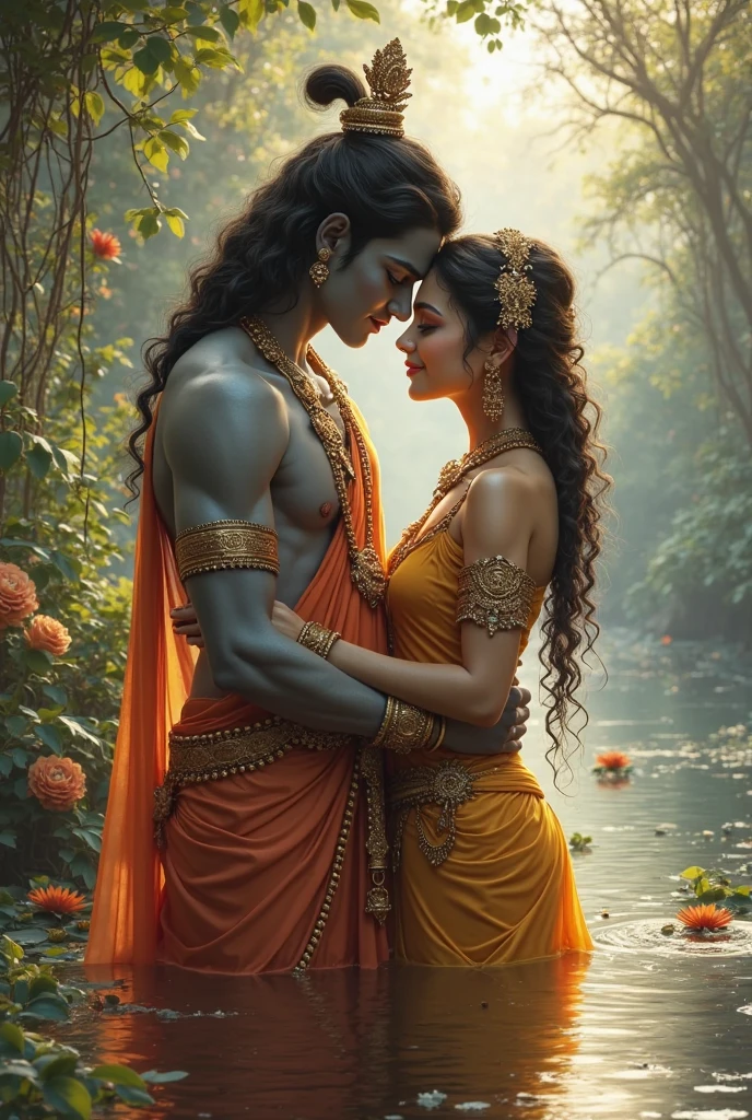 Radha is  lord  krishna men ,radha sit on krishnas thais 
pose . Hug pose




,both clear faces back colur