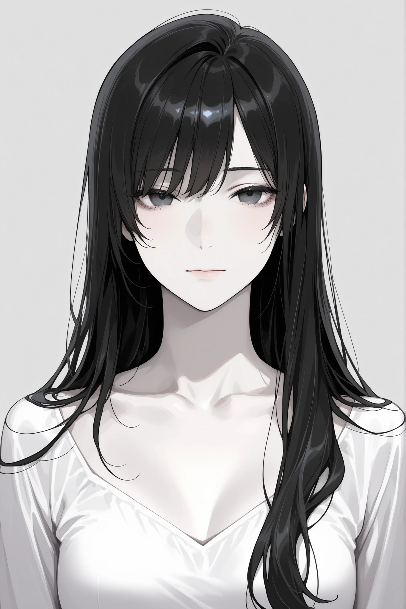 A cute girl with a pale skin color, long black hair, soft eyes and a heavenly color