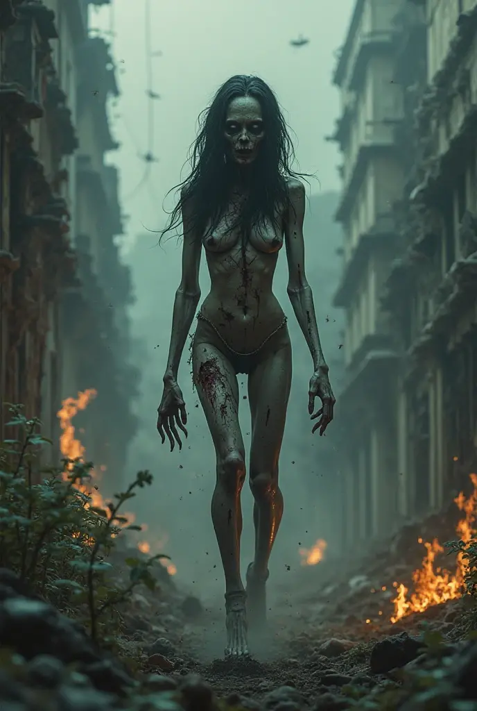 Young, beautiful zombie girl, stands on the street of a deserted city completely naked, deathly pale skin. Beautiful not thin body. A busty woman, Beautiful legs. beautiful figure, long hair, 
Is on my knees, legs spread. Face in milk Walks along the street of an abandoned city,