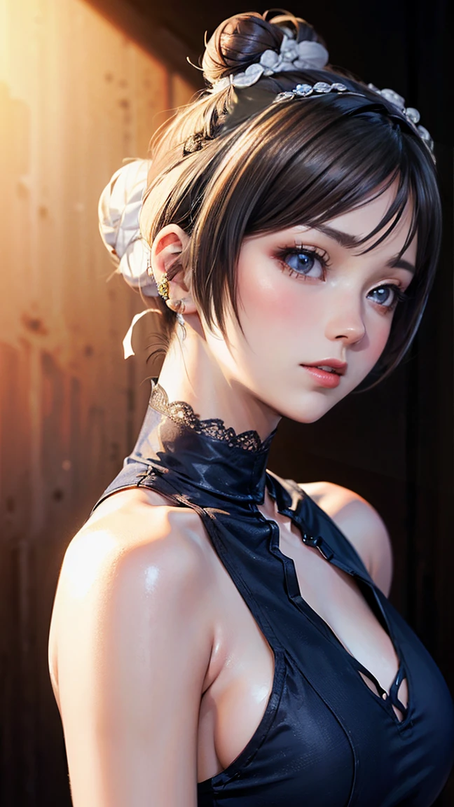 (nsfw), 8k, Highest quality, masterpiece, Ultra-high resolution, (realism: 1.4), Original photo, (Realistic skin texture: 1.3), (Film Grain: 1.3), (Selfie angle), 1 girl, Beautiful eyes and facial details, masterfully captured in close-up, showcasing her upper body. Her gaze is directly engaged with the audience, offering an intimate and tantalizing view of her captivating features.