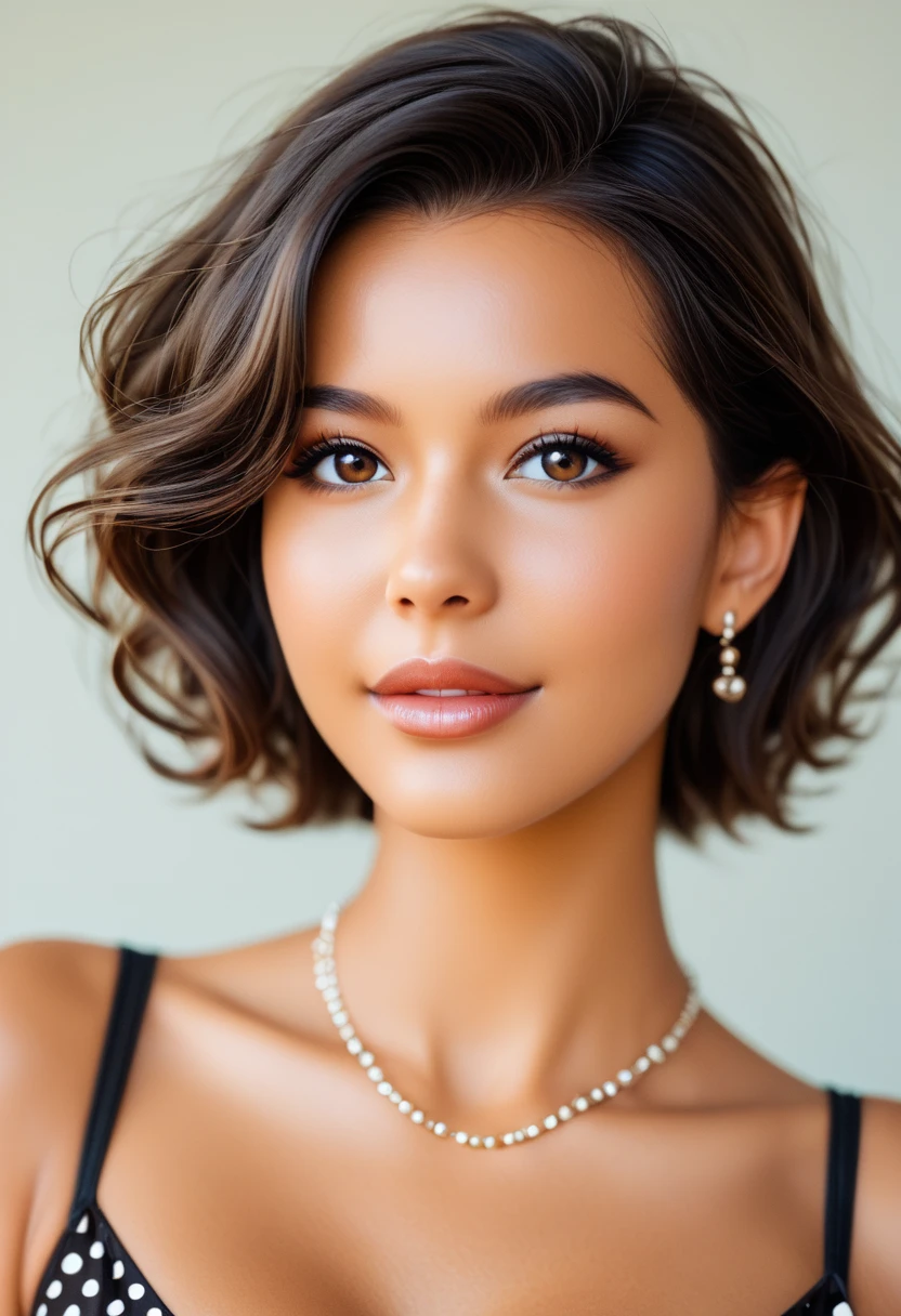 1girl, portrait, tan skin, black_hair, brown hair, short hair, smiling grin, looking at viewer, earrings, golden earrings, necklace, brown shirt, simple_background, red background,