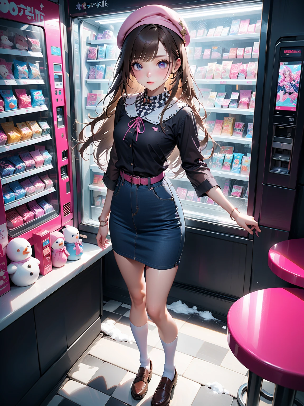 Woman, One, 18 Years old, Japanese, Skinny, Pale skin, Colored tattoos, Modern tattoos, Skinny thighs, Cute face, Ash hair, Brunette hair, Pink hair, Pigtails, Headphones, Pajamas, Dress, Intricate clothes, Full body, Dynamic angle, Grocery, Cinematic light, Dark scene, Masterpiece, Small breasts