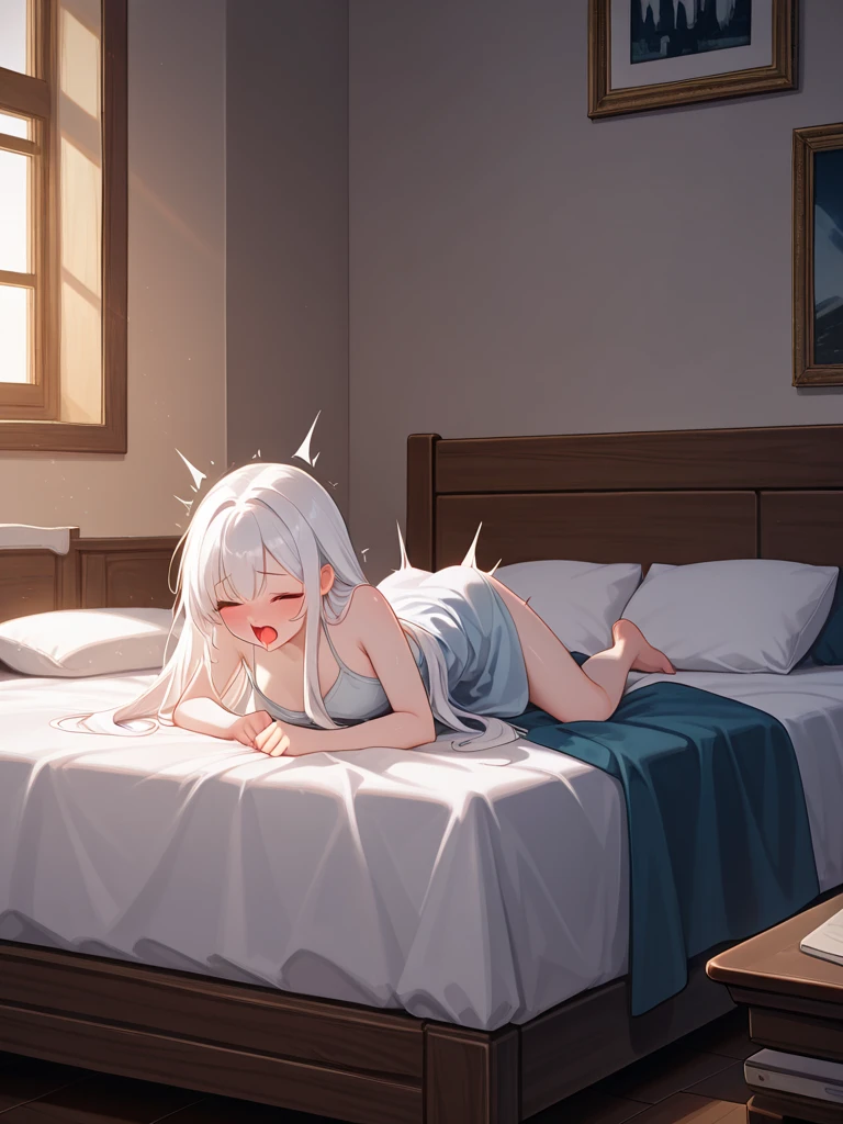 NSFW,Hololive,Shirakami Fubuki,Gray Hair,Fox ears,(Perfect hands),(Perfect Anatomy),(masterpiece),(highest quality),Embarrassed,blush,(orgasm:1.5),(??????? face:1.5),Open your mouth、Sticking out tongue,Lying down,Lying on your back,(Masturbation:1.5),bed