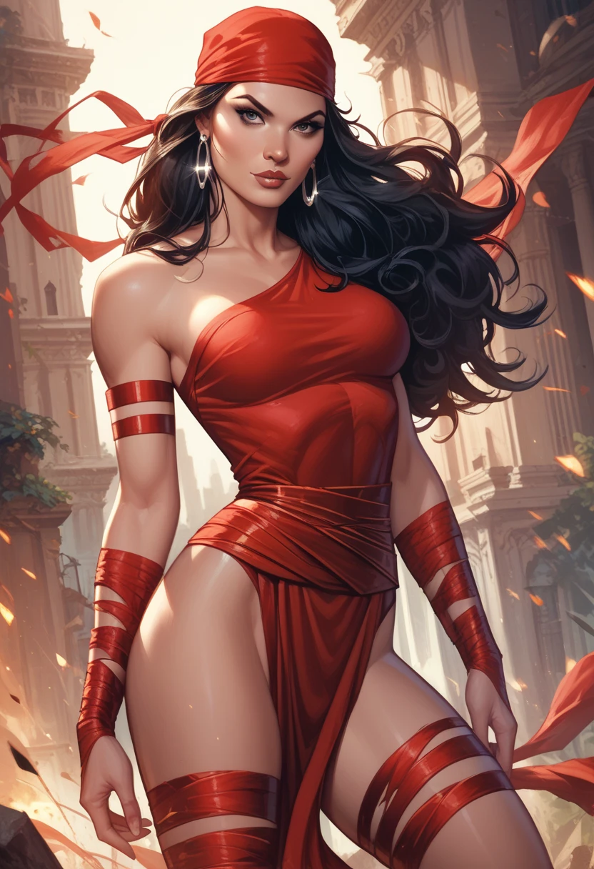 A sensual woman with long black hair, big breasts, thick thighs, blue eyes, makeup, Red lipstick on her lips, Extreme beauty, seductive look, wearing a red dress, multiple poses, shapes and expressions, hair blowing in the wind, Arabic clothes, wearing a tiara