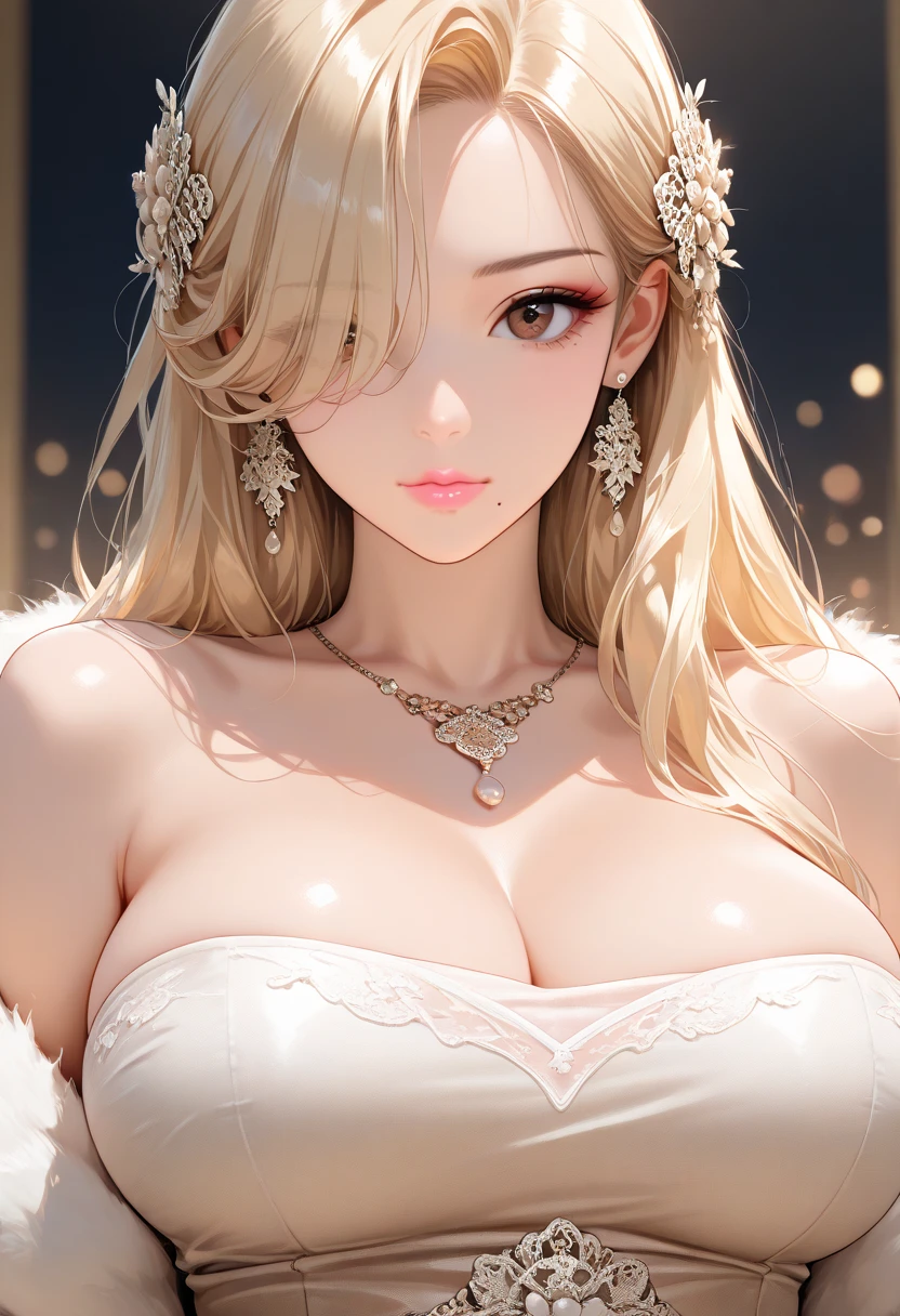 Princess , in lighting castle , detailed hand , high quality, super quality, (detailed face:1.2), beautiful woman , golden eyes, long hair , gorgeous dress, tiara, necklace , earring , sharpe eyebrow , beautiful bangs are covering her eyes , mega breast ,platinum blonde hair hair , smile