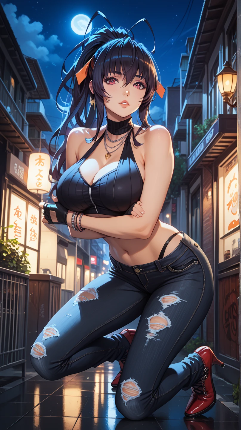 1 female, fierce, young kid, asian, spiked baseball bat, cute, full sleeve geisha tattoo, biker gang, hourglass figure, on the dessert, light brown hair, blue pupils, pout, best quality